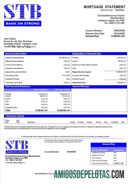 em branco Modelo Word e PDF de extrato de hipoteca do Laos ST Bank